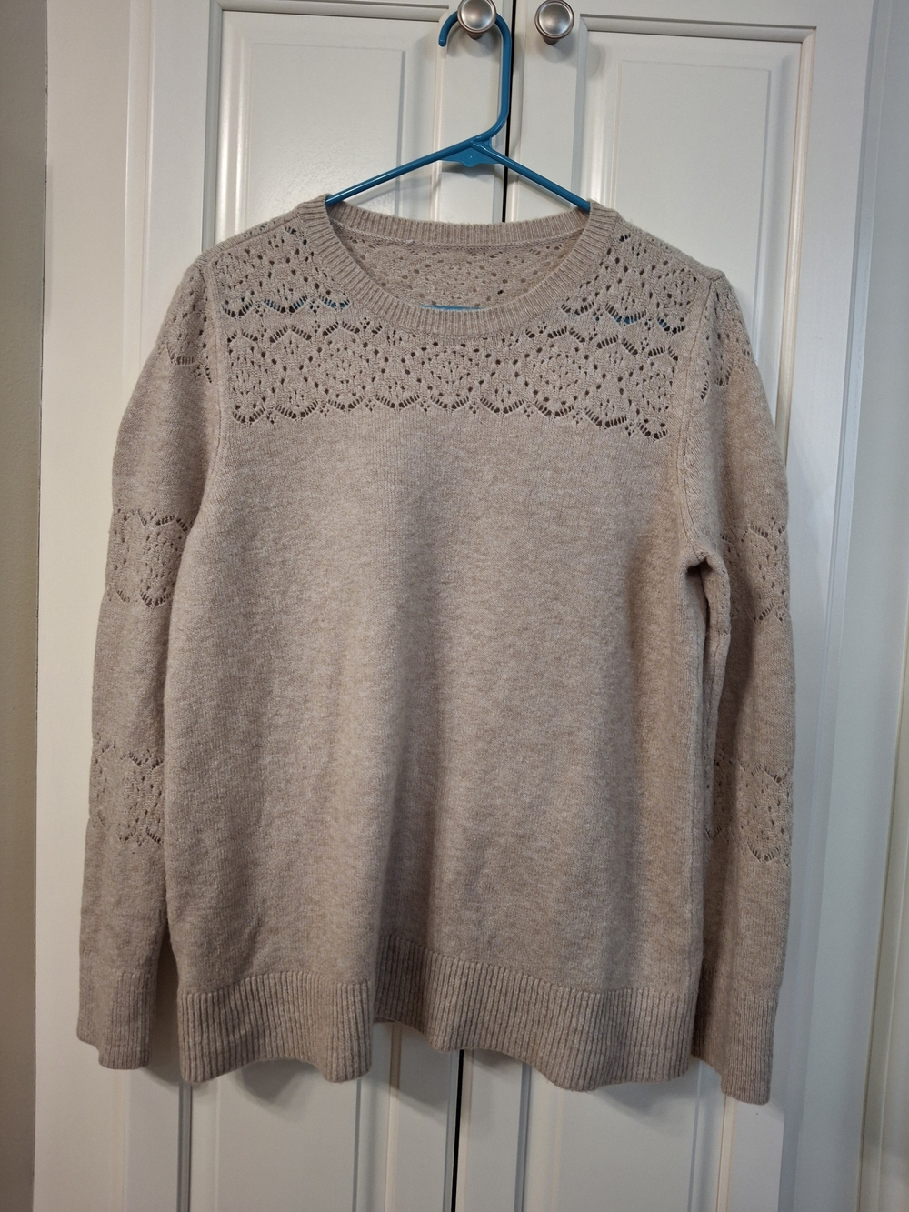 LOFT Beige Lace-Yoke Crewneck Sweater